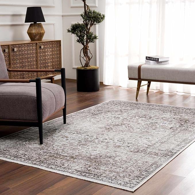 Hauteloom Ikatra Bohemian Vintage Medallion Area Rug - Farmhouse Oriental Carpet for Living Room, Bedroom - Machine Washable - Pearl, Dark Brown, Brown - 5' x 7'6"