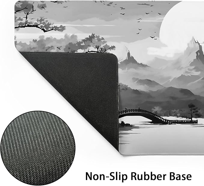 Black Gray Japanese Sakura Gaming Mouse Pad Grey White Cherry Blossom Tower Mountain Aesthetic Extended Large Desk Mat Mousepad Non-Slip Rubber Base Stitched Edge Desk Pad for Desktop,35.4 x 15.7 in
