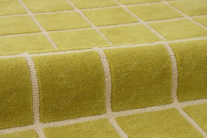 Checkered Wool Area Rug with Scalloped Border, Chartreuse Green & Cream Grid, Hand-Tufted, Soft Cut Pile, Modern Cottagecore Living Room, Bedroom & Nursery Carpet - 5x8 Ft