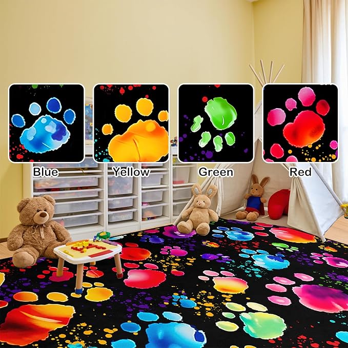 Paw Print Rug - Cute Colorful Dog Cat Paw Print Rugs Cartoon Animal Claw Carpet for Kids Bedroom Cute Animal Paw Themed Decorative Carpet for Playroom Soft Decor for Classroom,3'×5'