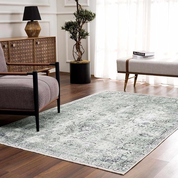 Hauteloom Carwyn Bohemian Vintage Medallion Area Rug - Farmhouse Oriental Carpet for Living Room, Bedroom - Machine Washable- Olive, Dark Green - 6'7" x 9'