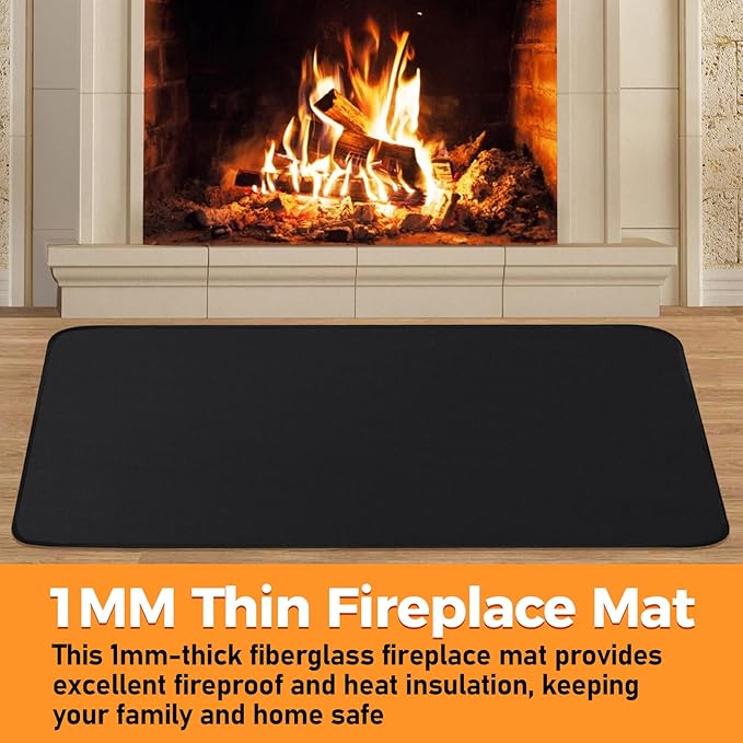 Fireplace Mat, 2' x 3'6'' x 0.04'' Fireplace Rug, Hearth Rug for Wood Stove Fireplace Indoor Outdoor, Thin Fireplace Rugs Fire Resistant Protects Floors Carpets from Sparks Embers, Black