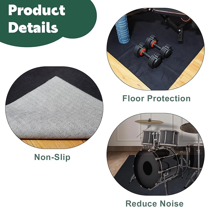 Drum Rug, Drum Mat with Non-Slip Grip Bottom(4x5.3Ft), Drum Carpet for Noise Reduction, Drum Pad for Jazz Drum & Electric Drum Set, Ideal Gift for Drummers, Drum Accessories, 47x63in, Black