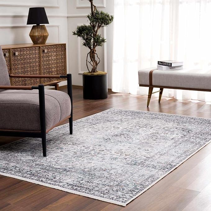 Hauteloom Boyana Bohemian Vintage Medallion Area Rug - Farmhouse Oriental Carpet for Living Room, Bedroom - Machine Washable- Light Blue, Off White, Charcoal - 7'10" x 10'3"