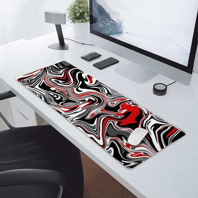 aportt Black Red Swirl Gaming Mouse Pad XL Gray Marble Grey Fluid Design Extended Large Mat Mousepad Desk Pad Non-Slip Rubber Base Stitched Edge Long Keyboard Pad for Computer,31.5×11.8 Inch
