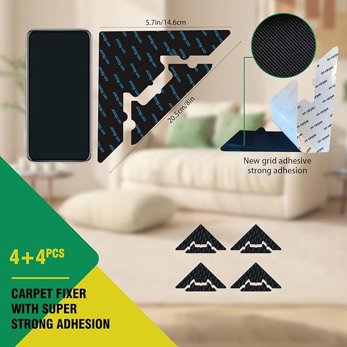 Large Non Slip Rug Pads 8 Pcs,Reusable Double Sided Carpet Tape for Hardwood Floors and Tiles,Extra Thick and Double Sided Adhesive to Secure Area Rugs,No Residue for Floor