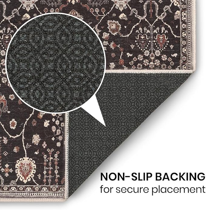 GLN Rugs Bohemian Collection - Machine Washable Area Rug, Bohemian Vintage, Non Slip, Low Pile Chenille Rug, Living Room, Bedroom, Bathroom Rug (3'x5' Black)
