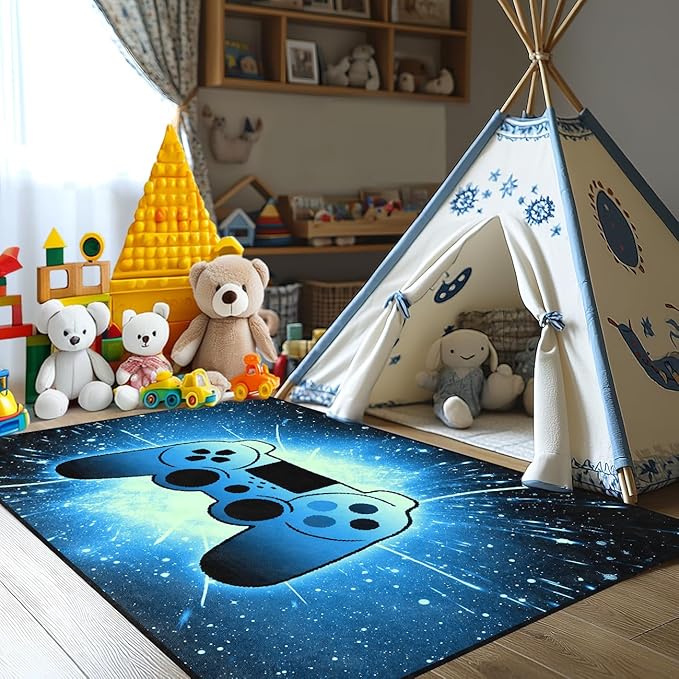 Gaming Rug for Gamer Game Room Boys Gamer Theme Carpets, Blue Galaxy Game Loading Gamepad Printed Floor Rugs for Bedroom Living Room Mat Sofa Mats,4'×5'