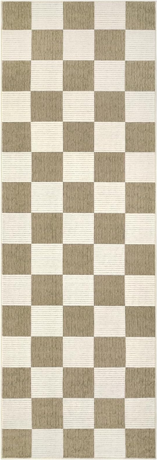GarveeHome 2x6 Kitchen Runner Rug Non Slip Washable Area Rug for Front Door, Entryway, Hallway, Distressed Checkered Mat Low Pile Neutral Area Rug Stain Resistant Farmhouse Rugs Beige and Brown Rug