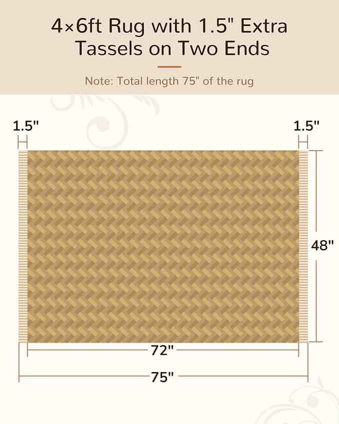 BESTSWEETIE 4x6 Washable Rug Hand-Woven Low Pile Soft Modern Farmhouse Bohemian Decor Reversible Braided Rugs with Tassels Throw Carpet for Living Room Bedroom Entryway Bathroom, Natural Jute