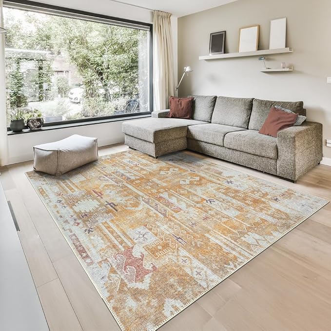 GLN Rugs Bohemian Collection - Machine Washable Area Rug, Bohemian Vintage, Non Slip, Low Pile Chenille Rug, Living Room, Bedroom, Bathroom Rug (7'10"x10' Yellow)