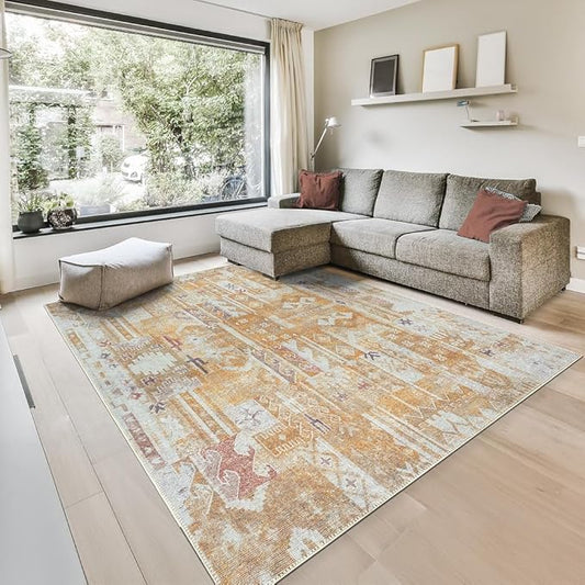 GLN Rugs Bohemian Collection - Machine Washable Area Rug, Bohemian Vintage, Non Slip, Low Pile Chenille Rug, Living Room, Bedroom, Bathroom Rug (6'x9' Yellow)