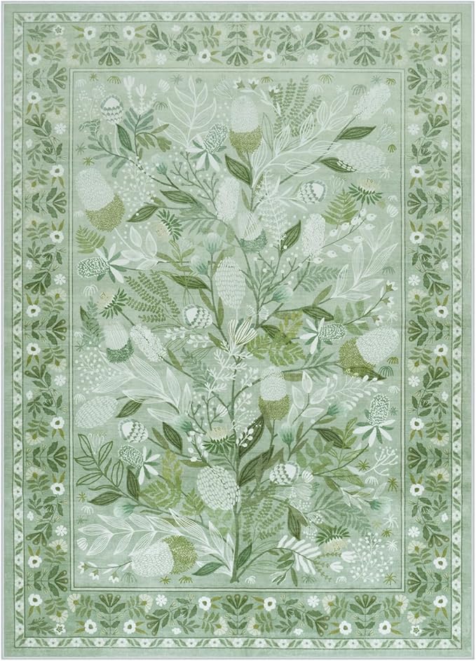 Anidaroel Sage Green Botanical Washable Rugs 5x7, Non-Slip Large Area Rug for Living Room, Soft Modern Rugs for Bedroom Aesthetic, Stain Resistant Dining Room Mat Carpet for Dorm Playroom