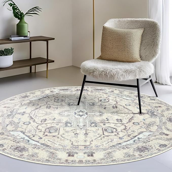 GLN Rugs Bohemian Collection - Machine Washable Area Rug, Bohemian Vintage, Non Slip, Low Pile Chenille Rug, Living Room, Bedroom, Bathroom Rug (5'3" Round Beige/Gray)