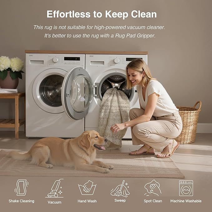 HUGEAR 2x6 Washable Area Rug Beige Runner Rug Vintage Neutral Non Slip Soft Distressed Carpet Low Pile Pet Friendly for Bathroom Kitchen Hallway Porch Foyer
