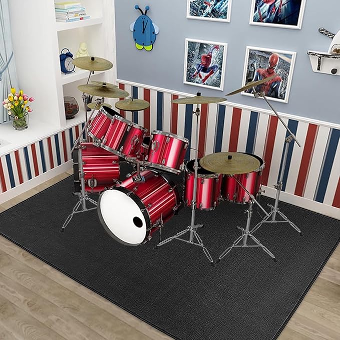 5.2Ft x 6.5Ft Drum Mat Drum Carpet Tightly Woven Fabric Drum Rug with Non-Slip Grip Bottom Roll of 35 Square Feet, Black