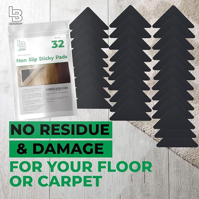 Ledgebay Rug Pad Grippers for Area Rugs - Multi Pack Reusable, No Skid, Washable, Anti-Slip, Rug Pad Gripper for Hardwood Floors and Tile with Double-Sided, Self Adhesive to Keep Area Rugs Flat (32)