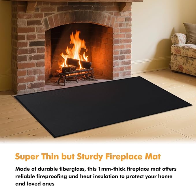 Hearth Rugs for Fireplaces Fire Resistant, 48 x 32 x 0.04 inch Fireproof Fireplace Mat Hearth Rug, Hearth Pads for Wood Stove Fireplace Indoor Outdoor, Protect Floors Carpets from Sparks Embers-Black