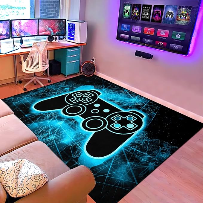 Gaming Video Game Area Rugs for Boys Teens Modern Cool Tech Style Gaming Room Home Decor Gamer Controller Gamepad Pattern Area Rug Floor Carpet Bathroom Mat for Leisure/Living/Bedroom