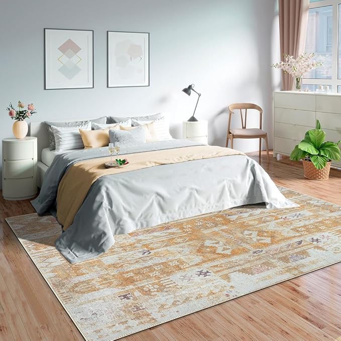GLN Rugs Bohemian Collection - Machine Washable Area Rug, Bohemian Vintage, Non Slip, Low Pile Chenille Rug, Living Room, Bedroom, Bathroom Rug (7'10"x10' Yellow)