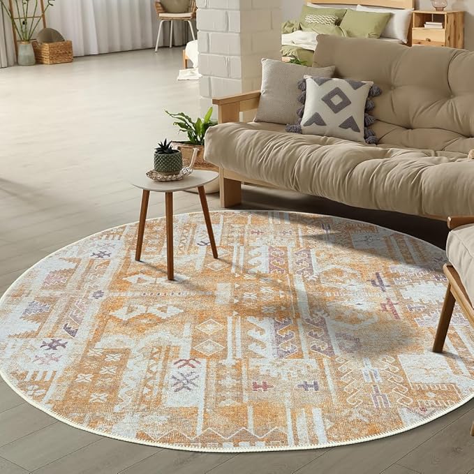 GLN Rugs Bohemian Collection - Machine Washable Area Rug, Bohemian Vintage, Non Slip, Low Pile Chenille Rug, Living Room, Bedroom, Bathroom Rug (5'3" Round Yellow)