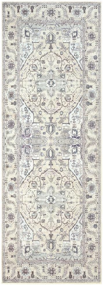 GLN Rugs Bohemian Collection - Machine Washable Area Rug, Bohemian Vintage, Non Slip, Low Pile Chenille Rug, Living Room, Bedroom, Bathroom Rug (2'6"x7' Beige and Gray)