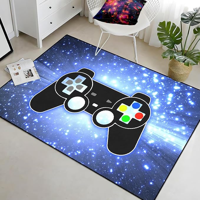 Game Video Gamepad Rugs, Boys Gamer Theme Carpets, Modern Gaming Space Blue Starry Sky Printed Large Carpets for Bedroom Living Room Mat Gaming Room Home Decor Mat