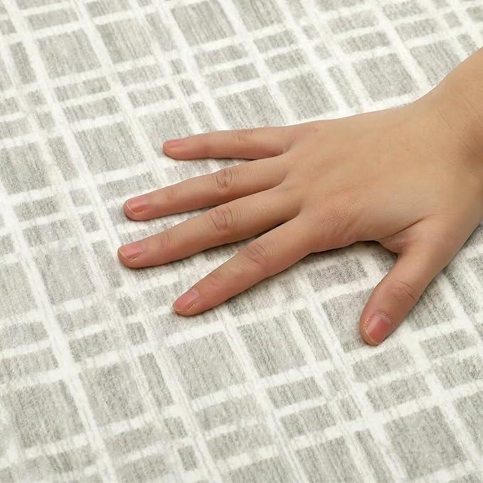 GAOMON 9x12 Washable Modern Checkered Area Rug Indoor Plaid Print Floor Cover Soft Faux Wool Throw Carpet Aesthetic Foldable Thin Non-Slip Accent for Living Room Bedroom Light Grey