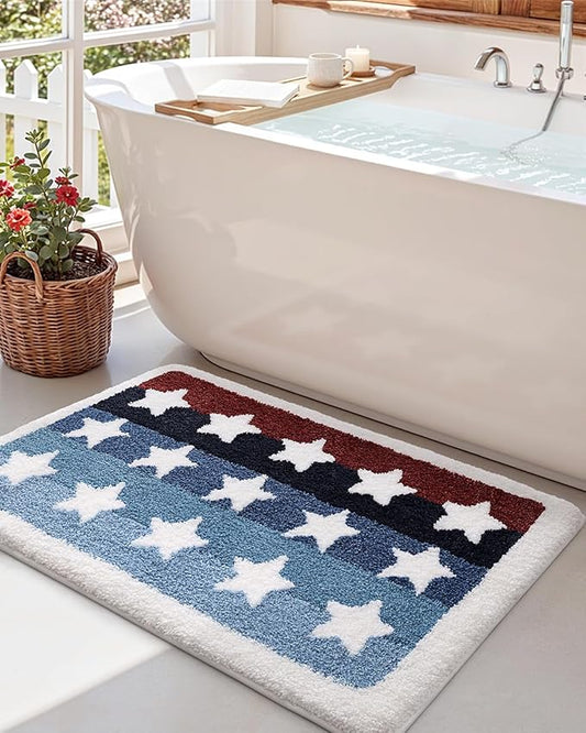DEXI Rustic Star Bathroom Rug, 20x32 Non Slip Washable Bath Mat Absorbent, Ultra Soft Plush Microfiber Bathmat Quick Dry for Shower Floor, Tub, Sink, Colorful Stripes
