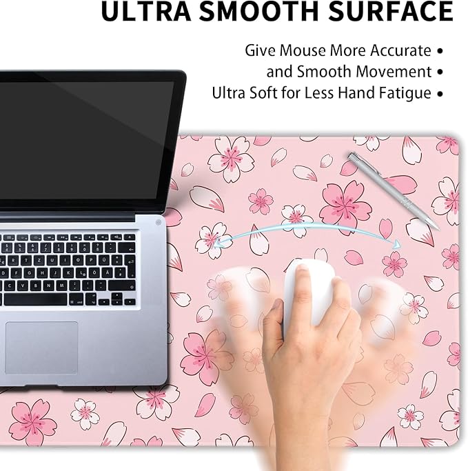 Pink Cherry Blossom Gaming Mouse Pad Extended 3XL Cute Anime Aesthetics Floral Kawaii Flower Large Mousepad Non-Slip Rubber Base Stitched Edge Long Keyboard Desk Mat for Computer,47.2x23.6 In,120x60cm
