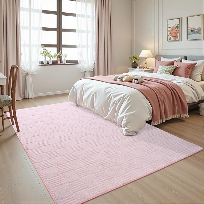 5x7 Pink Washable Shag Area Rug for Girls Bedroom, Modern Geometric Non Slip Living Room Rugs, Fluffy Soft Thick Carpet for Kids Room, Dorm, Office, and Home Decor