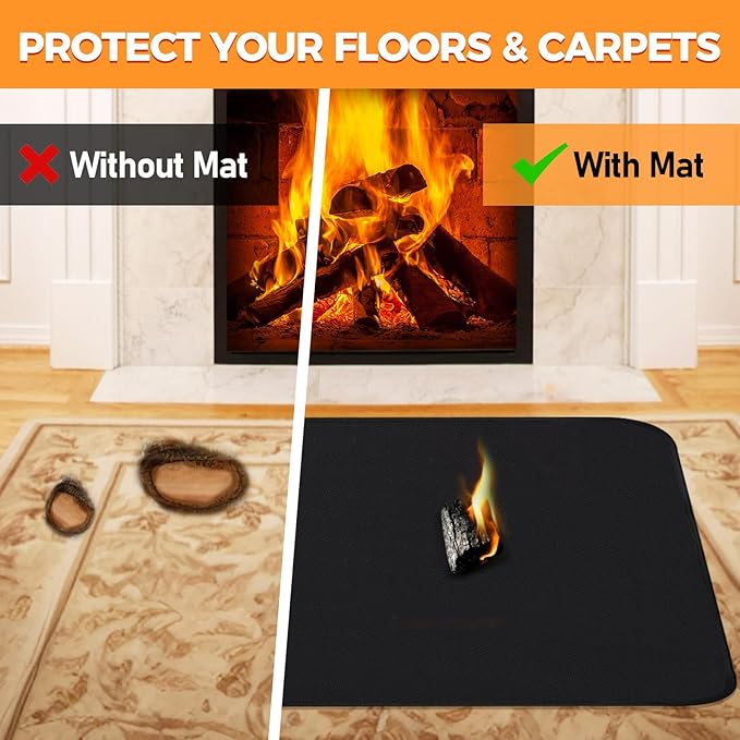 Fireplace Mat, 2'8'' x 4'11'' x 0.04'' Fireplace Rug, Hearth Rug for Wood Stove Fireplace Indoor Outdoor, Thin Fireplace Rugs Fire Resistant Protects Floors Carpets from Sparks Embers, Black