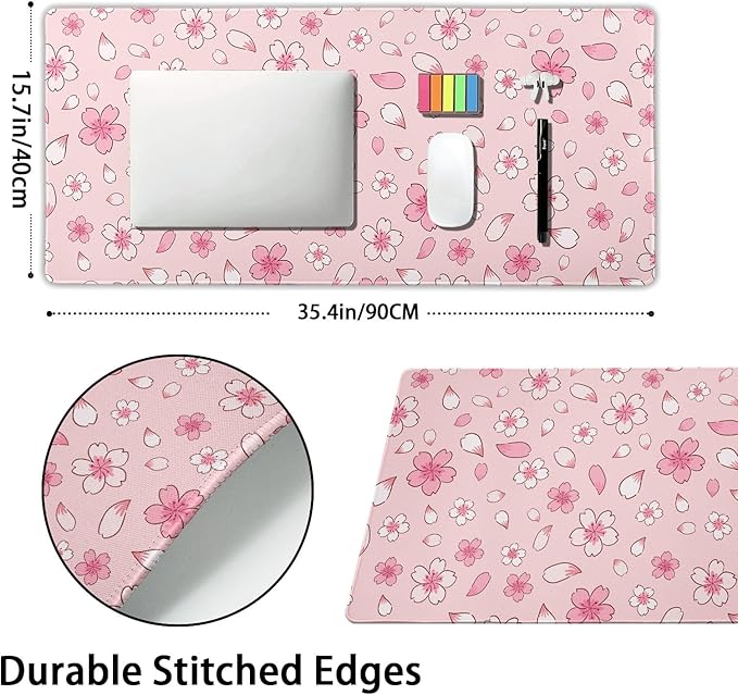 Pink Cherry Blossom Gaming Mouse Pad XXL Cute Anime Aesthetics Floral Extended Kawaii Flowers Large Mousepad Non-Slip Rubber Base Stitched Edge Keyboard Desk Pad Playmat for Computer,35.4×15.7 in