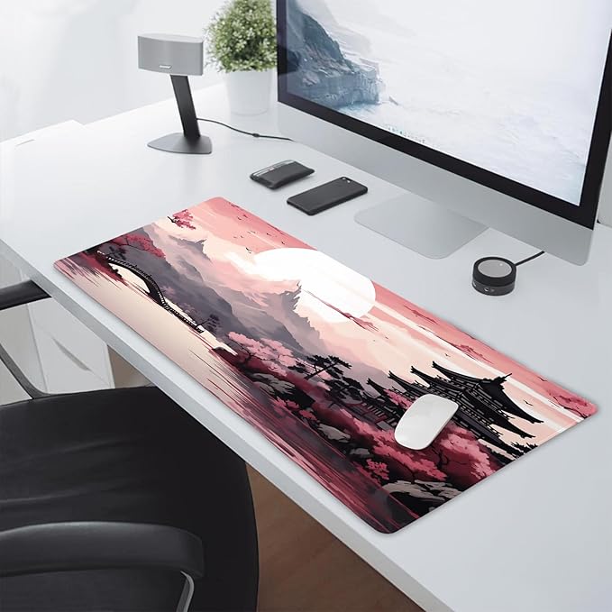 Pink Japanese Sakura Gaming Mouse Pad Large XL Cherry Blossom Tower Mountain Landscape Extended Desk Mat Big Mousepad Non-Slip Rubber Base Stitched Edge Long Desk Pad for Computer,24x14 in,60x35cm