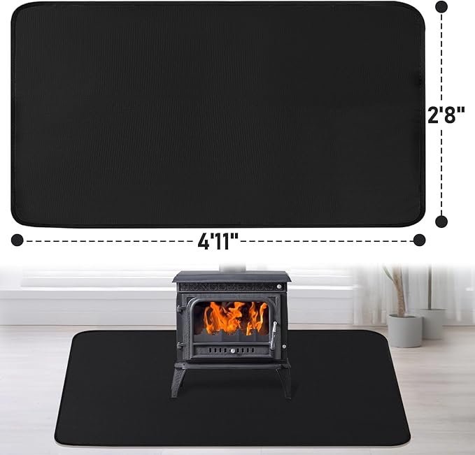 Fireplace Mat, 2'8'' x 4'11'' x 0.04'' Fireplace Rug, Hearth Rug for Wood Stove Fireplace Indoor Outdoor, Thin Fireplace Rugs Fire Resistant Protects Floors Carpets from Sparks Embers, Black