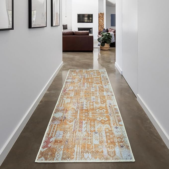 GLN Rugs Bohemian Collection - Machine Washable Area Rug, Bohemian Vintage, Non Slip, Low Pile Chenille Rug, Living Room, Bedroom, Bathroom Rug (2'6"x7' Yellow)