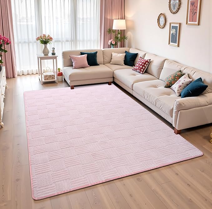 5x7 Pink Washable Shag Area Rug for Girls Bedroom, Modern Geometric Non Slip Living Room Rugs, Fluffy Soft Thick Carpet for Kids Room, Dorm, Office, and Home Decor