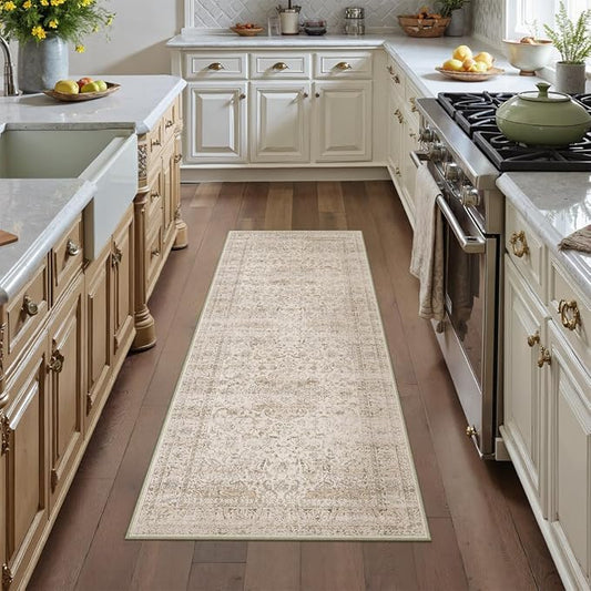 2x6 Washable Beige Runner Rug Vintage Hallway Kitchen Carpet Non-Slip Soft Low Pile Distressed Throw Rug for Bedroom Bathroom Laundry Living Room