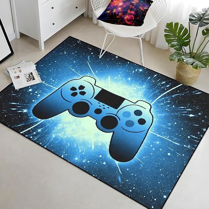 Gaming Rug for Gamer Game Room Boys Gamer Theme Carpets, Blue Galaxy Game Loading Gamepad Printed Floor Rugs for Bedroom Living Room Mat Sofa Mats,4'×5'