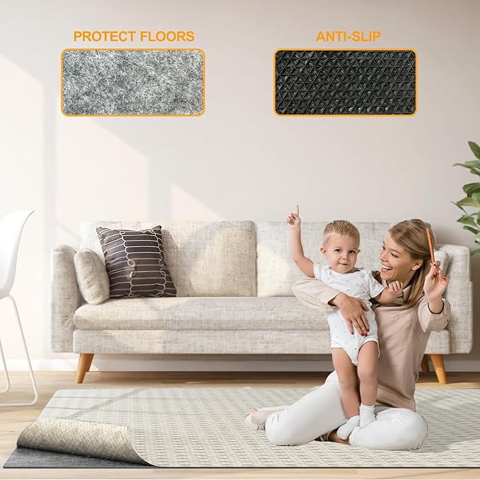 Non Slip Felt Rubber Rug Pad, Thick Felt Rug Pads for Hardwood Floors, Under Area Rugs Protective Cushion Pads for Carpet, Felt and Rubber Underpad for Home Place Surface Safe (Grey, 3' x 5')