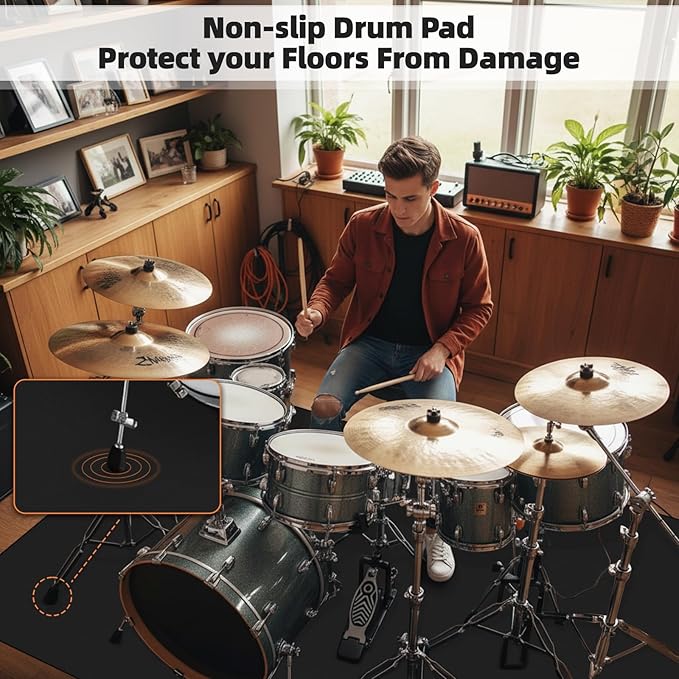 Drum Rug, 4Ft x 5.3Ft Drum Mat Drum Carpet with Soundproof TPR Grip Bottom Music Rug for Drummers, Black