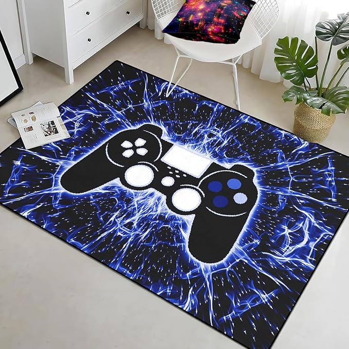 BATATADOCE Game Controller Gaming Rugs Art Abstract Background Open Space Gamer Rug Hyperspace Home Decoration for Teen Boys Game Style Bedroom Living Playing Room Black Blue