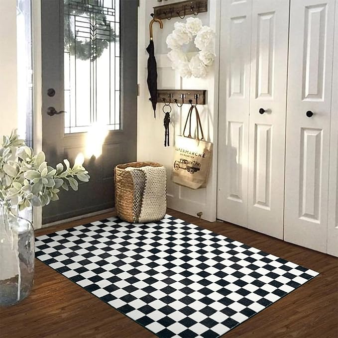 Retro Checkerboard 4x6 Entryway Rugs Non Slip Indoor Geometry Carpet Washable, Ultra Thin Boho Black and White Cute Vintage Aesthetic Funky Throw Rugs for Kitchen Bedroom Living Room
