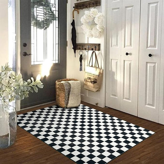Retro Checkerboard 4x6 Entryway Rugs Non Slip Indoor Geometry Carpet Washable, Ultra Thin Boho Black and White Cute Vintage Aesthetic Funky Throw Rugs for Kitchen Bedroom Living Room
