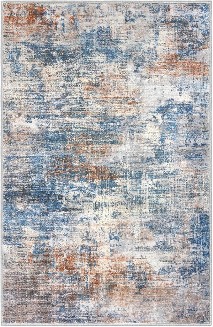 IOHOUZE Abstract Area Rugs 5x7 Ft Washable Rugs for Living Room, Non Slip Dining Room Rug, Printed Faux Wool Rugs for Bedroom, Floor Carpet for Office Nursery Playroom, Blue Rust