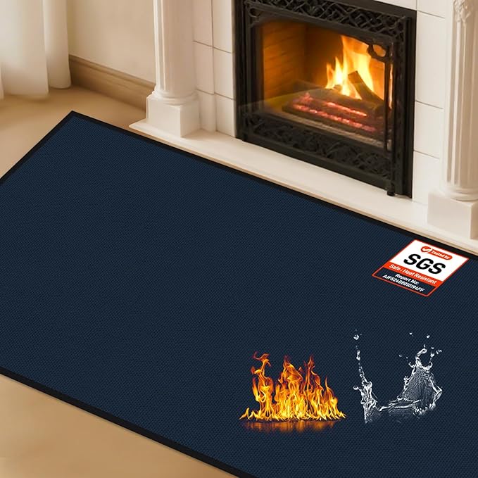 Hearth Rugs for Fireplaces Fire Resistant, 48 x 28 x 0.04 inch Fireproof Fireplace Mat Hearth Rug, Hearth Pads for Wood Stove Fireplace Indoor Outdoor, Protect Floors Carpets from Sparks Embers-Blue