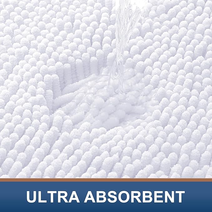Smiry Luxury Chenille Bathroom Rugs 44x24, Extra Soft and Absorbent Shaggy Bath Mat, Machine Washable, Non-Slip Plush Carpet Runner for Tub, Shower, and Floor, Home Decor Accessories, White