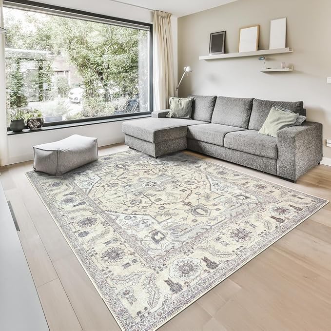 GLN Rugs Bohemian Collection - Machine Washable Area Rug, Bohemian Vintage, Non Slip, Low Pile Chenille Rug, Living Room, Bedroom, Bathroom Rug (6'x9' Beige and Gray)