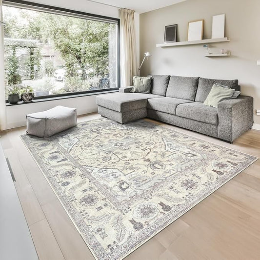 GLN Rugs Bohemian Collection - Machine Washable Area Rug, Bohemian Vintage, Non Slip, Low Pile Chenille Rug, Living Room, Bedroom, Bathroom Rug (6'x9' Beige and Gray)