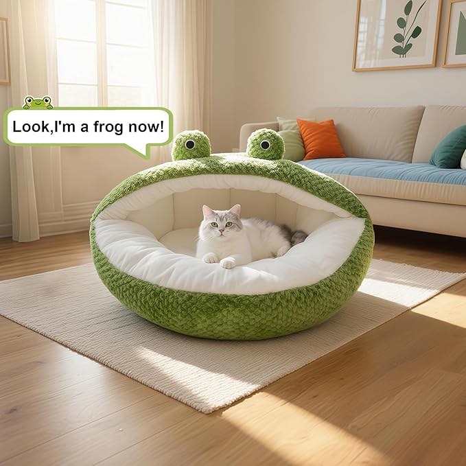 CWV Cute Cat Beds Kitten Beds, Soft Small Dog Beds, Washable Pet Beds for Puppy and Kitty, Funny Frog Cat Cave, 23 Inches